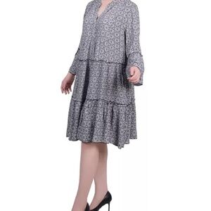NY Collection 3/4 Length Sleeve Tiered Dress • Black & White Geo